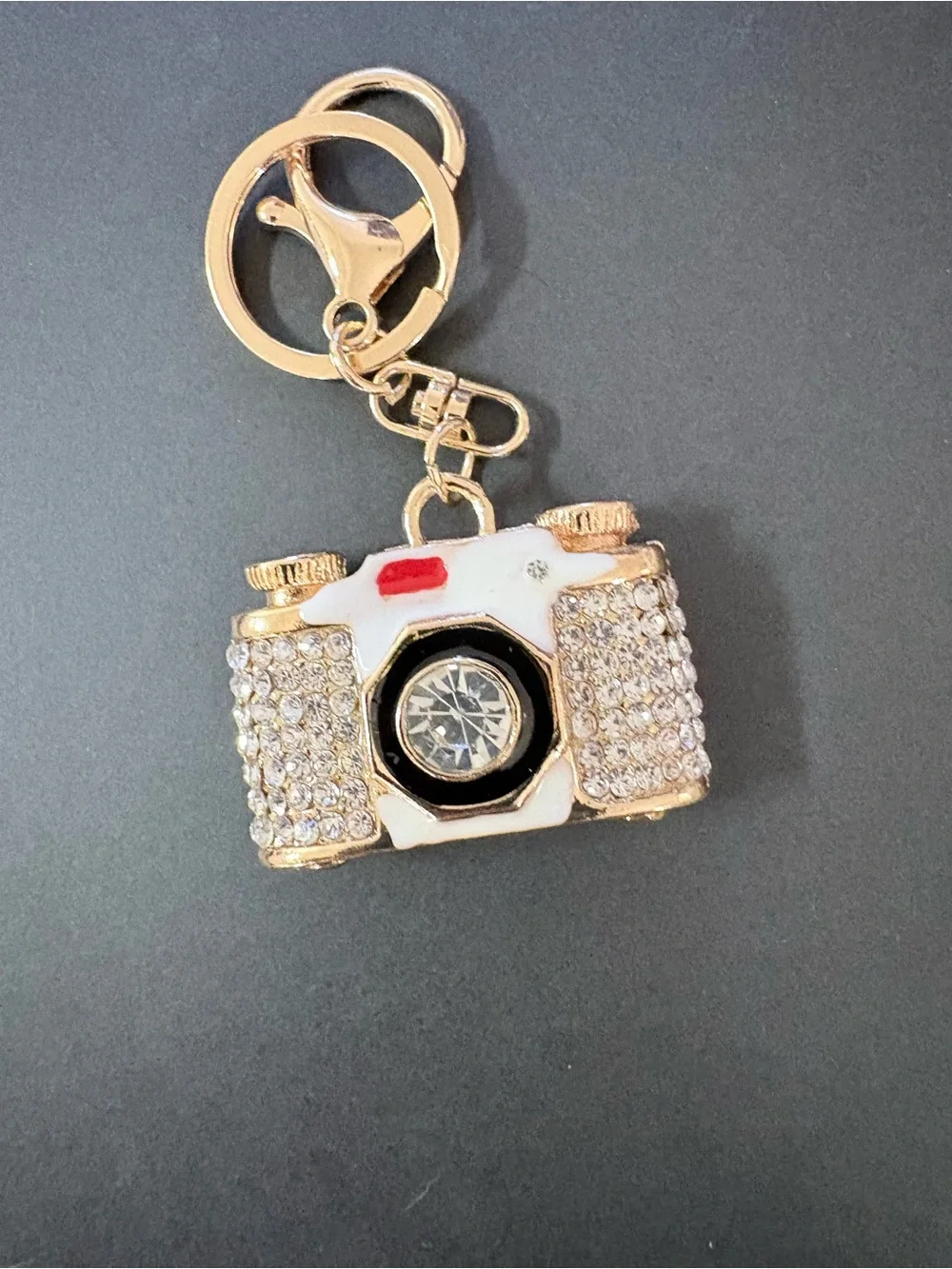 Gold and White Camera Keychain with Rhinestones - Fashion Accessory
